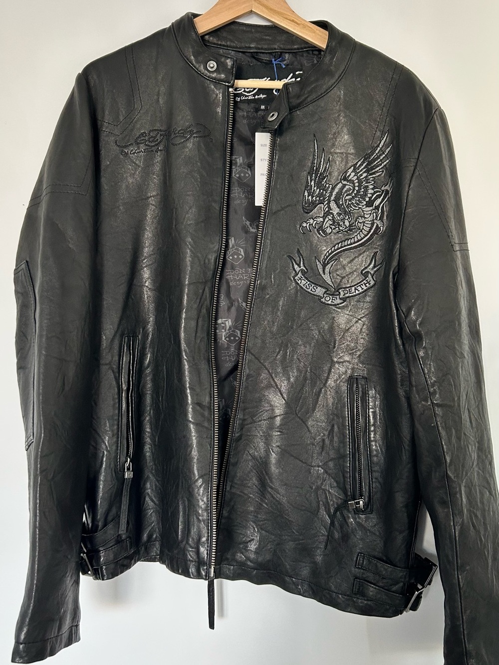 Ed Hardy Black Leather Jacket with Embroidered Eagle